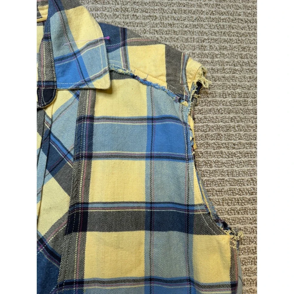We The Free People Blue Yellow Plaid‎ Sleeveless Button Down Bib Top OB2064767 L - Picture 6 of 10